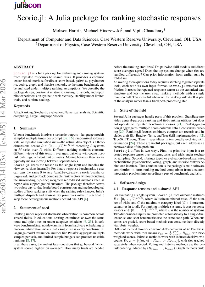 Scorio.jl: A Julia package for ranking stochastic responses