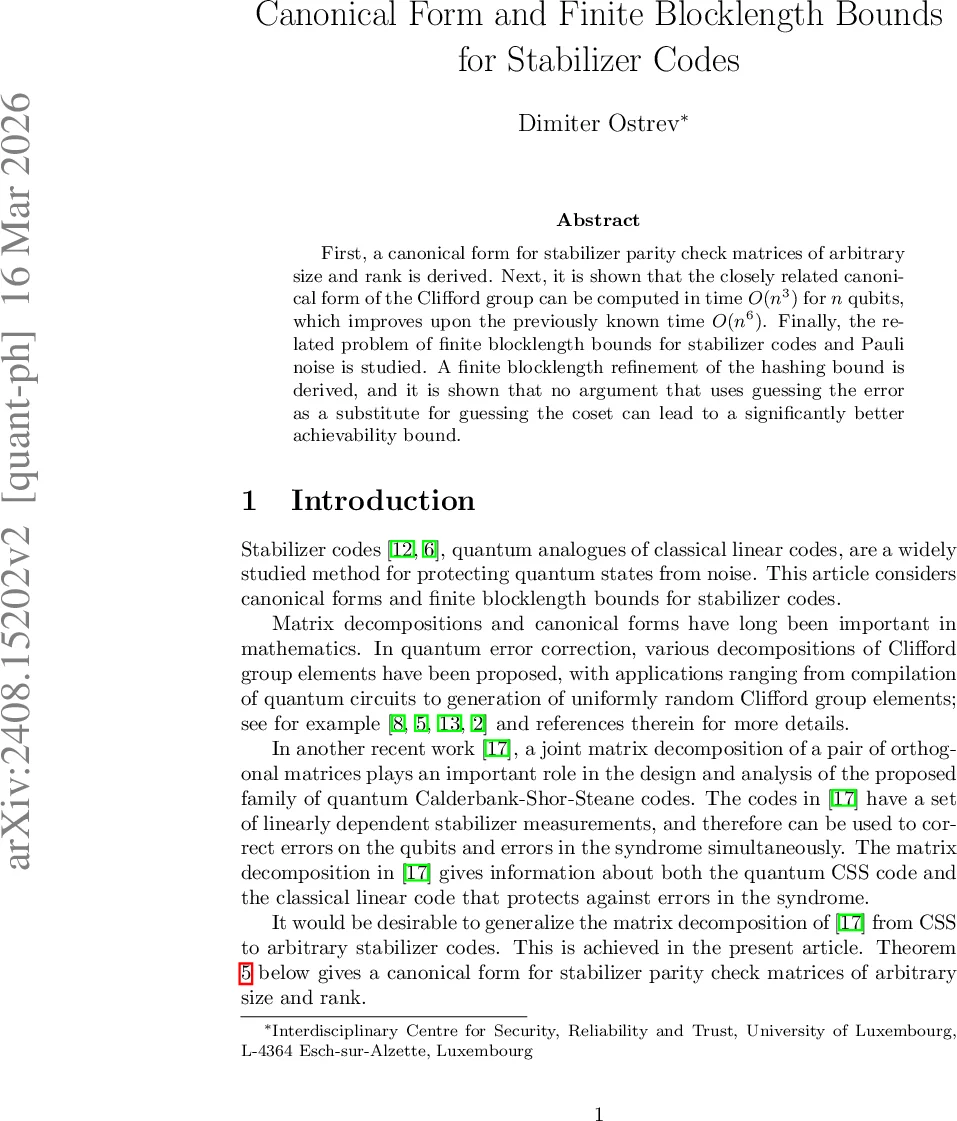 Canonical Form and Finite Blocklength Bounds for Stabilizer Codes