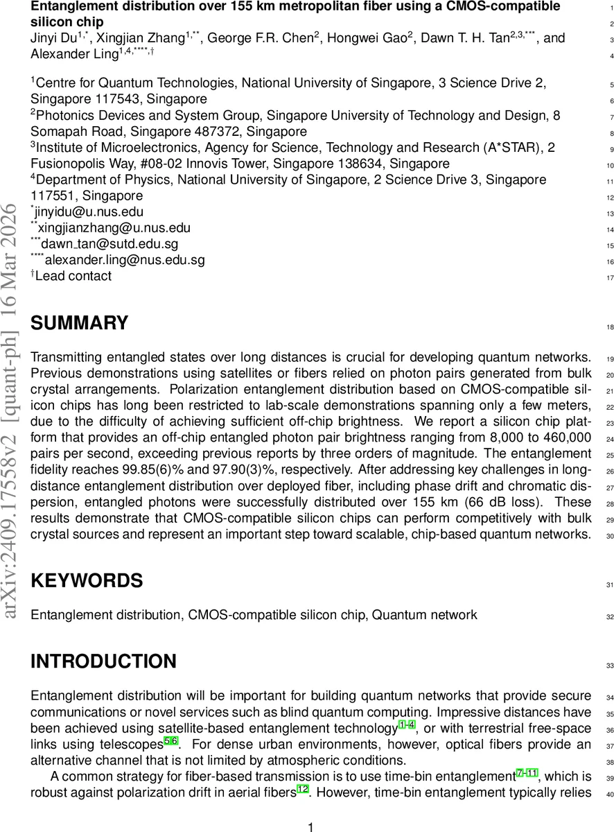 Entanglement distribution over 155 km metropolitan fiber using a CMOS-compatible silicon chip