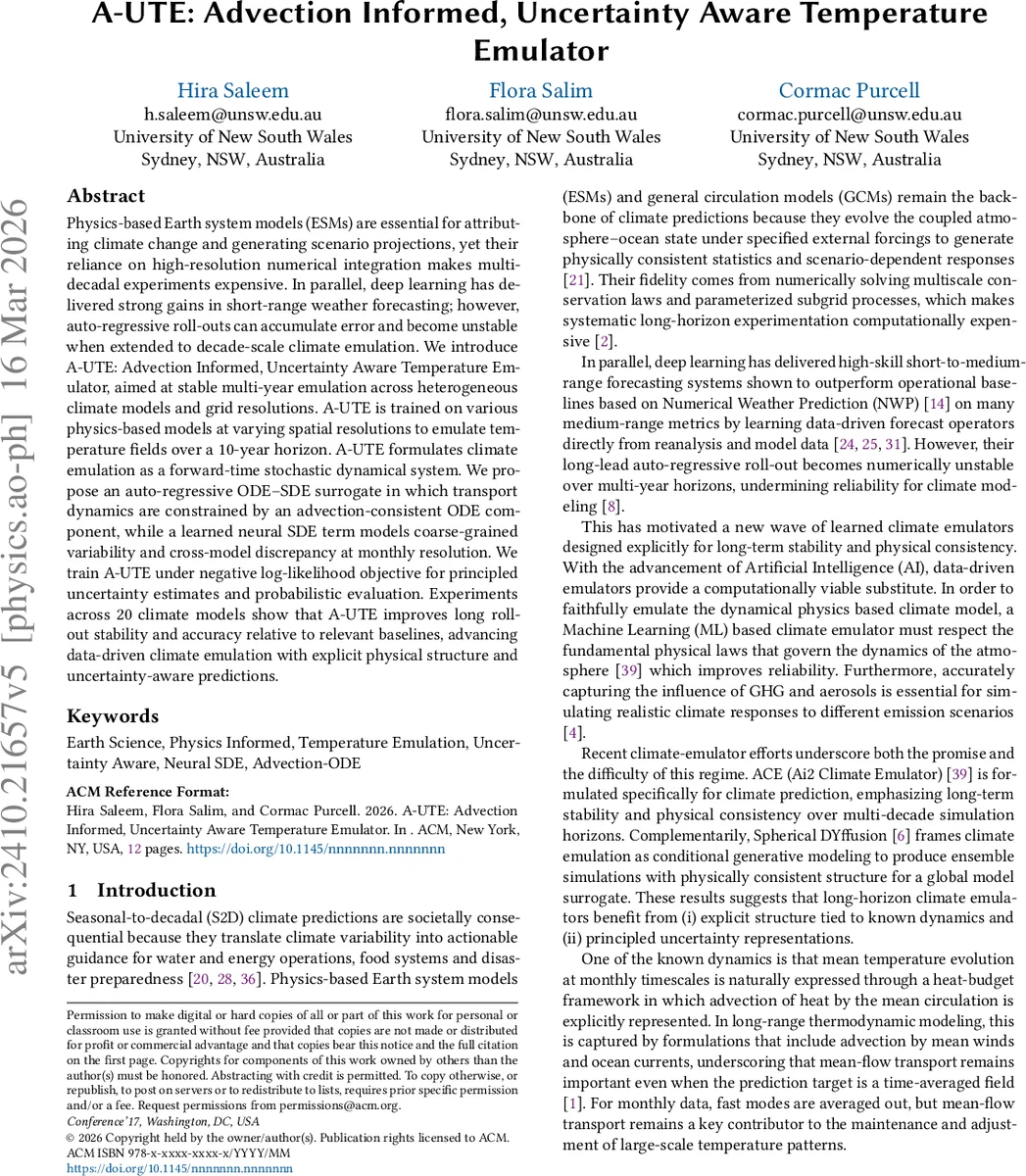 A-UTE: Advection Informed, Uncertainty Aware Temperature Emulator