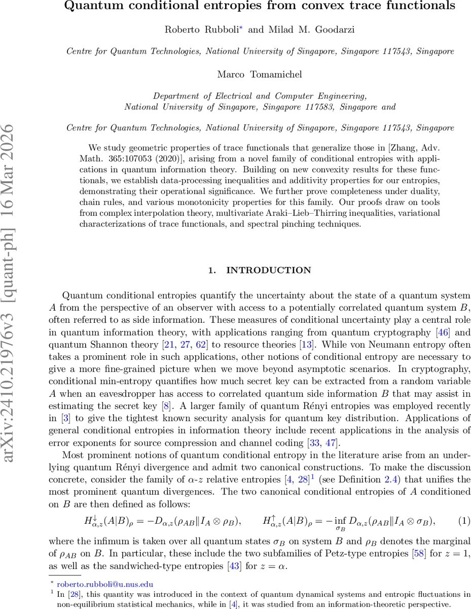 Quantum conditional entropies from convex trace functionals