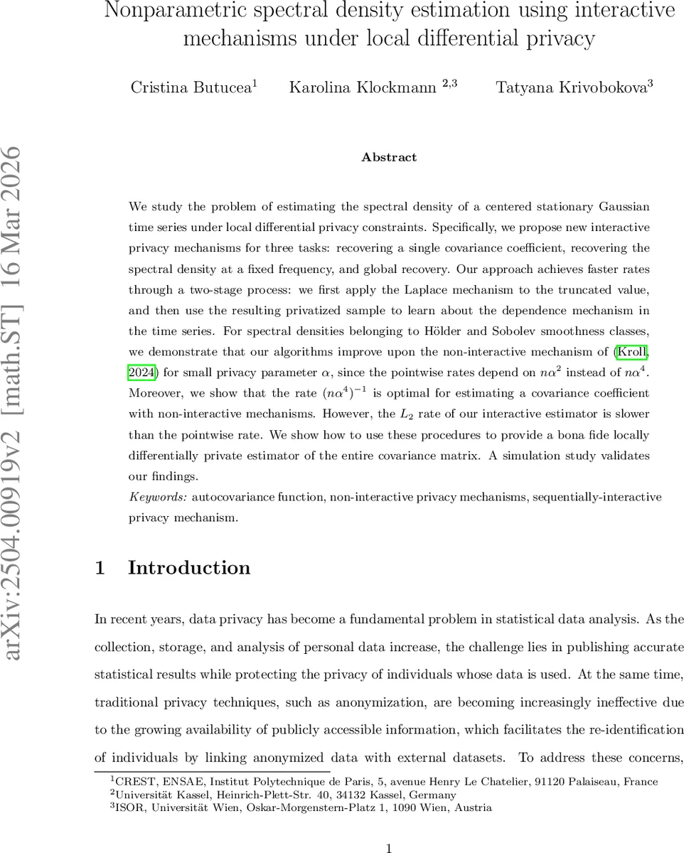 Nonparametric spectral density estimation using interactive mechanisms under local differential privacy