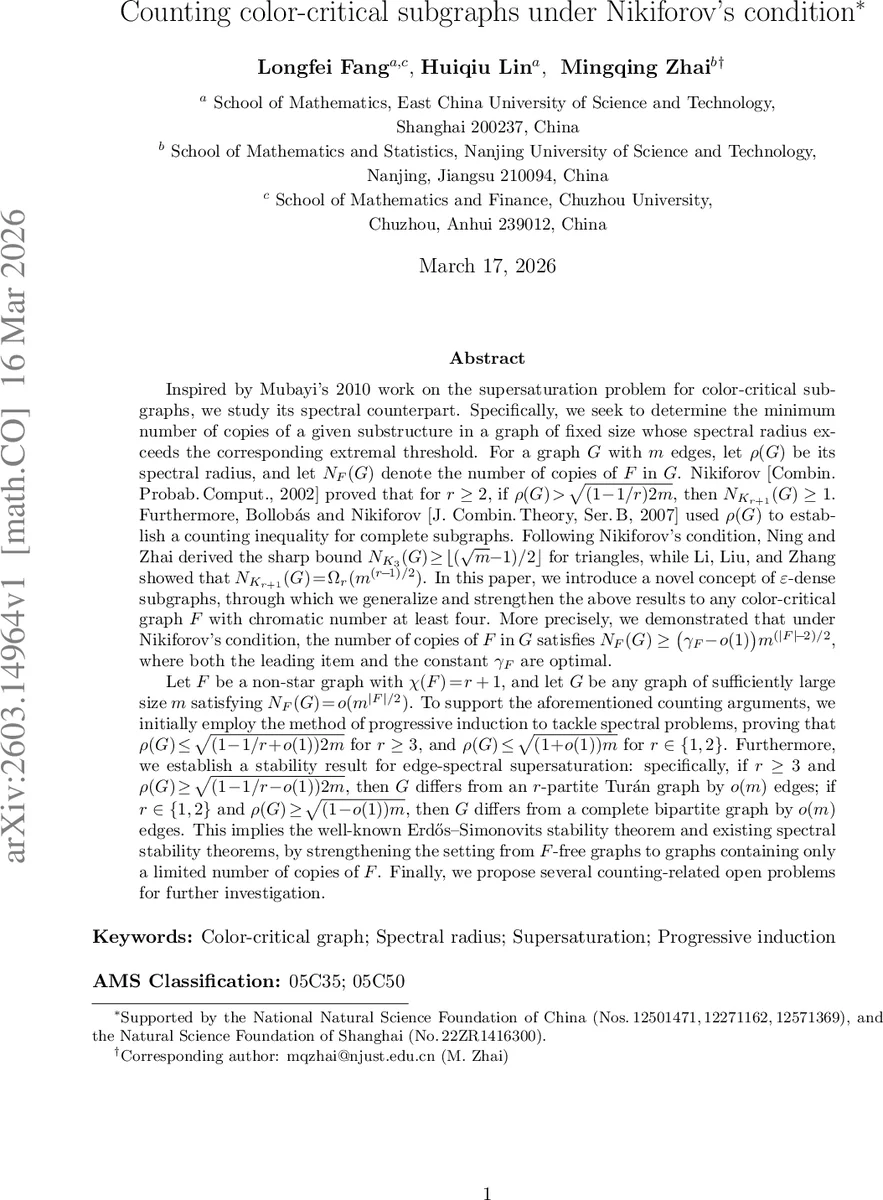 Counting color-critical subgraphs under Nikiforov's condition