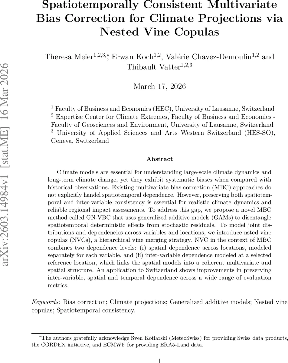 Spatiotemporally Consistent Multivariate Bias Correction for Climate Projections via Nested Vine Copulas
