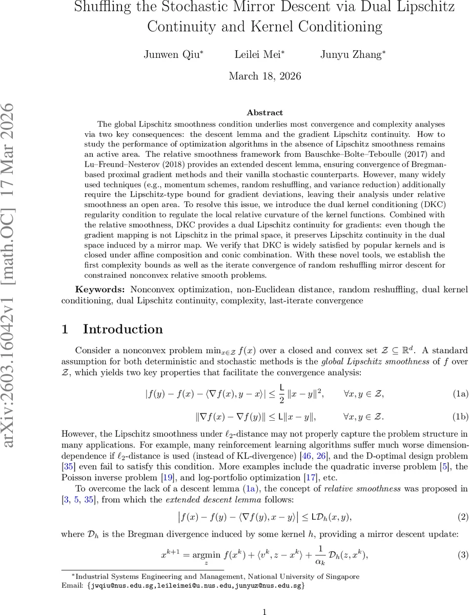 Shuffling the Stochastic Mirror Descent via Dual Lipschitz Continuity and Kernel Conditioning