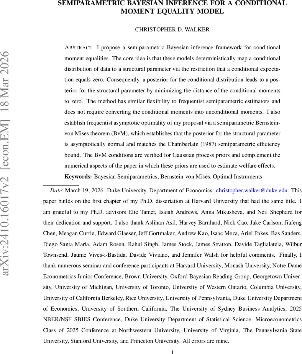 Semiparametric Bayesian Inference for a Conditional Moment Equality Model