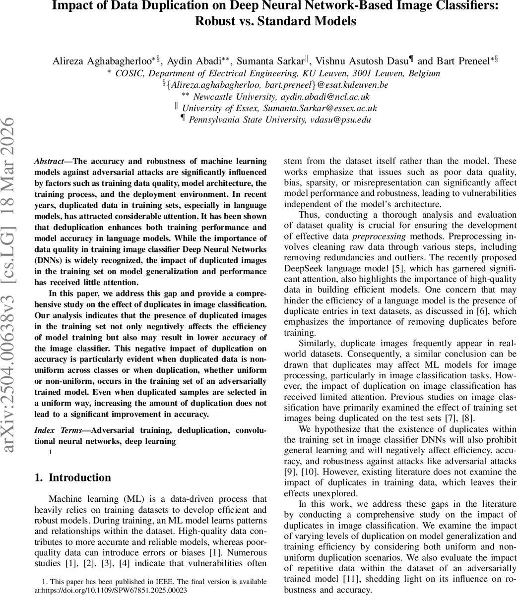 Impact of Data Duplication on Deep Neural Network-Based Image Classifiers: Robust vs. Standard Models