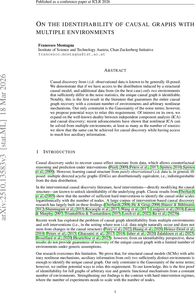 On the identifiability of causal graphs with multiple environments