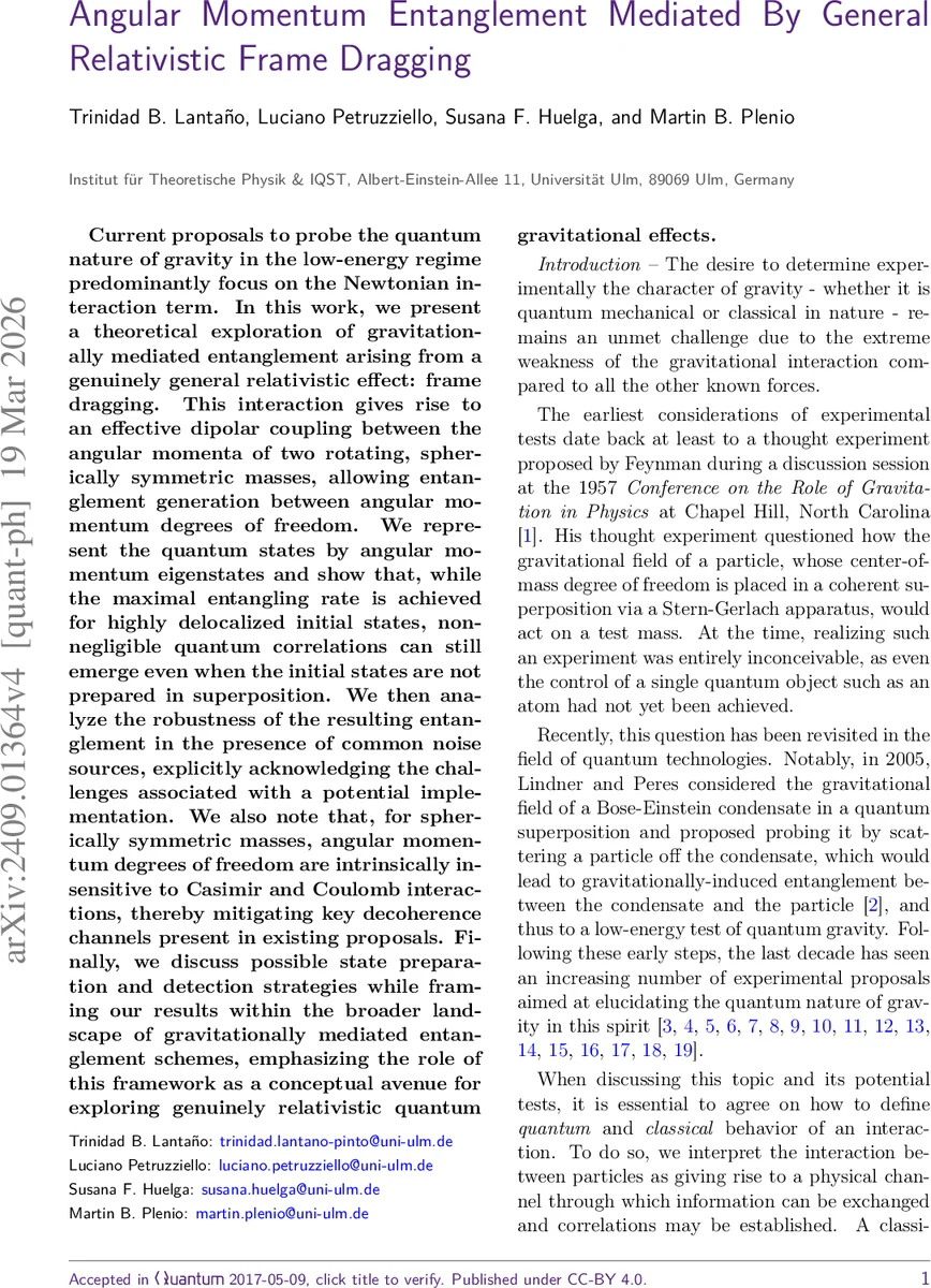 Angular Momentum Entanglement Mediated By General Relativistic Frame Dragging