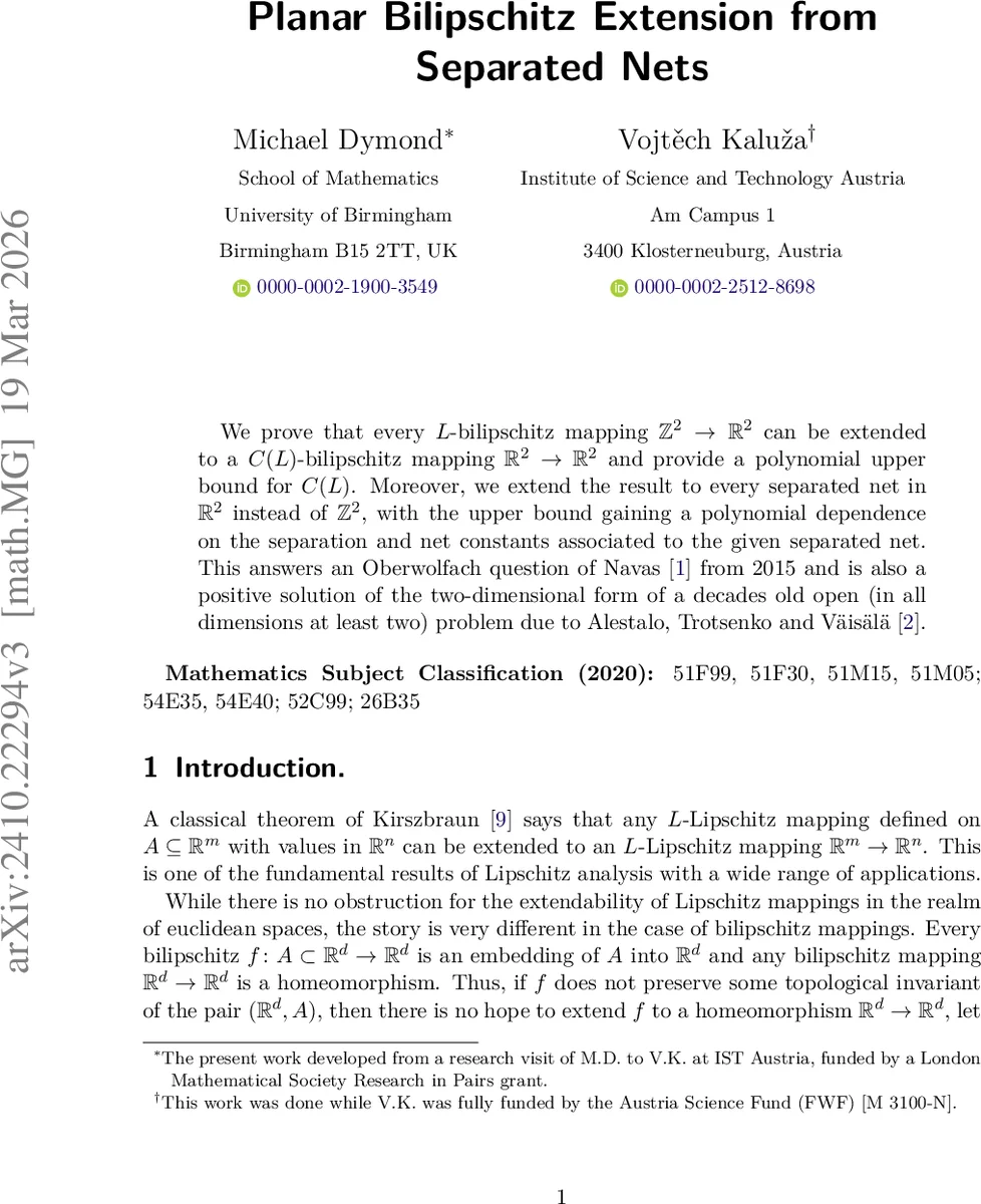Planar Bilipschitz Extension from Separated Nets