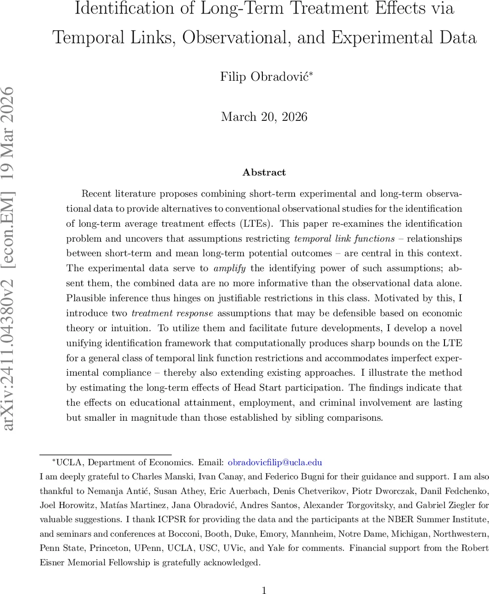 Identification of Long-Term Treatment Effects via Temporal Links, Observational, and Experimental Data
