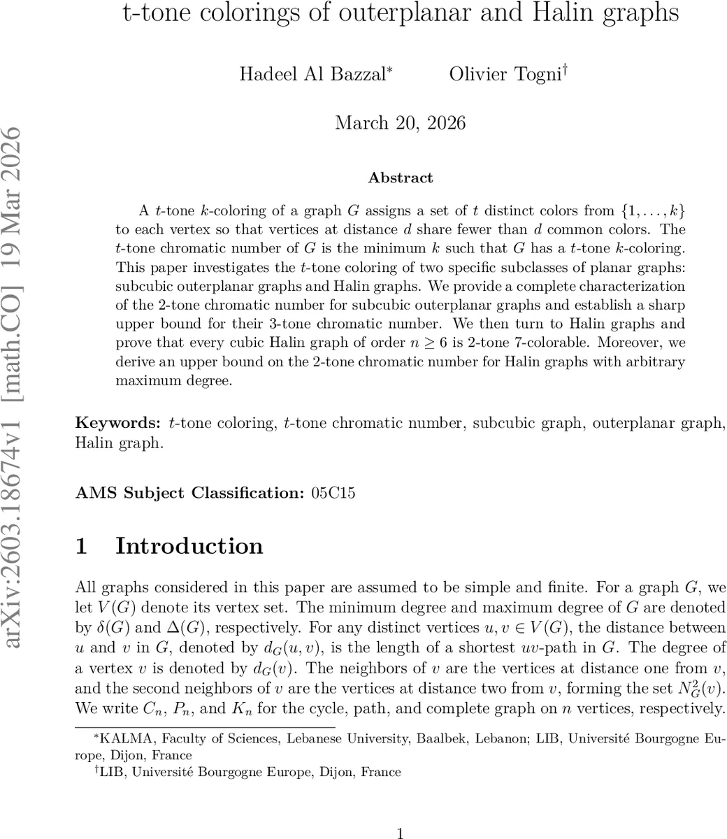 $t$-tone colorings of outerplanar and Halin graphs