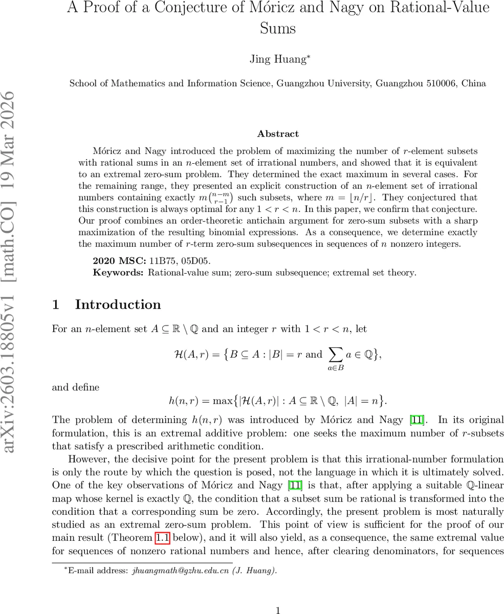 A Proof of a Conjecture of Móricz and Nagy on Rational-Value Sums