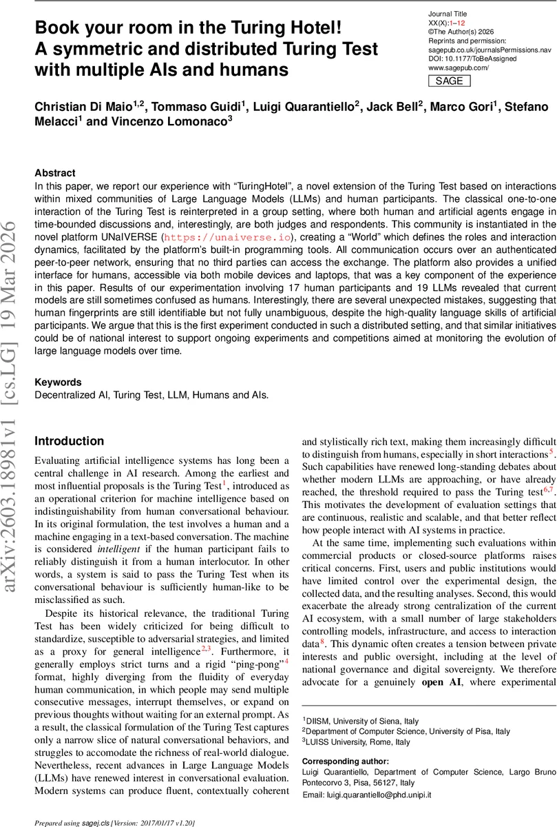 Book your room in the Turing Hotel! A symmetric and distributed Turing Test with multiple AIs and humans