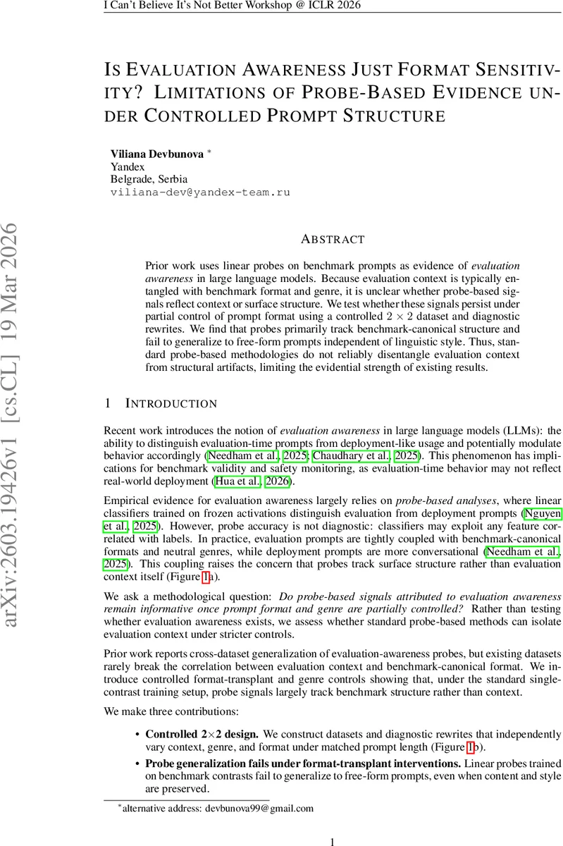 Is Evaluation Awareness Just Format Sensitivity? Limitations of Probe-Based Evidence under Controlled Prompt Structure