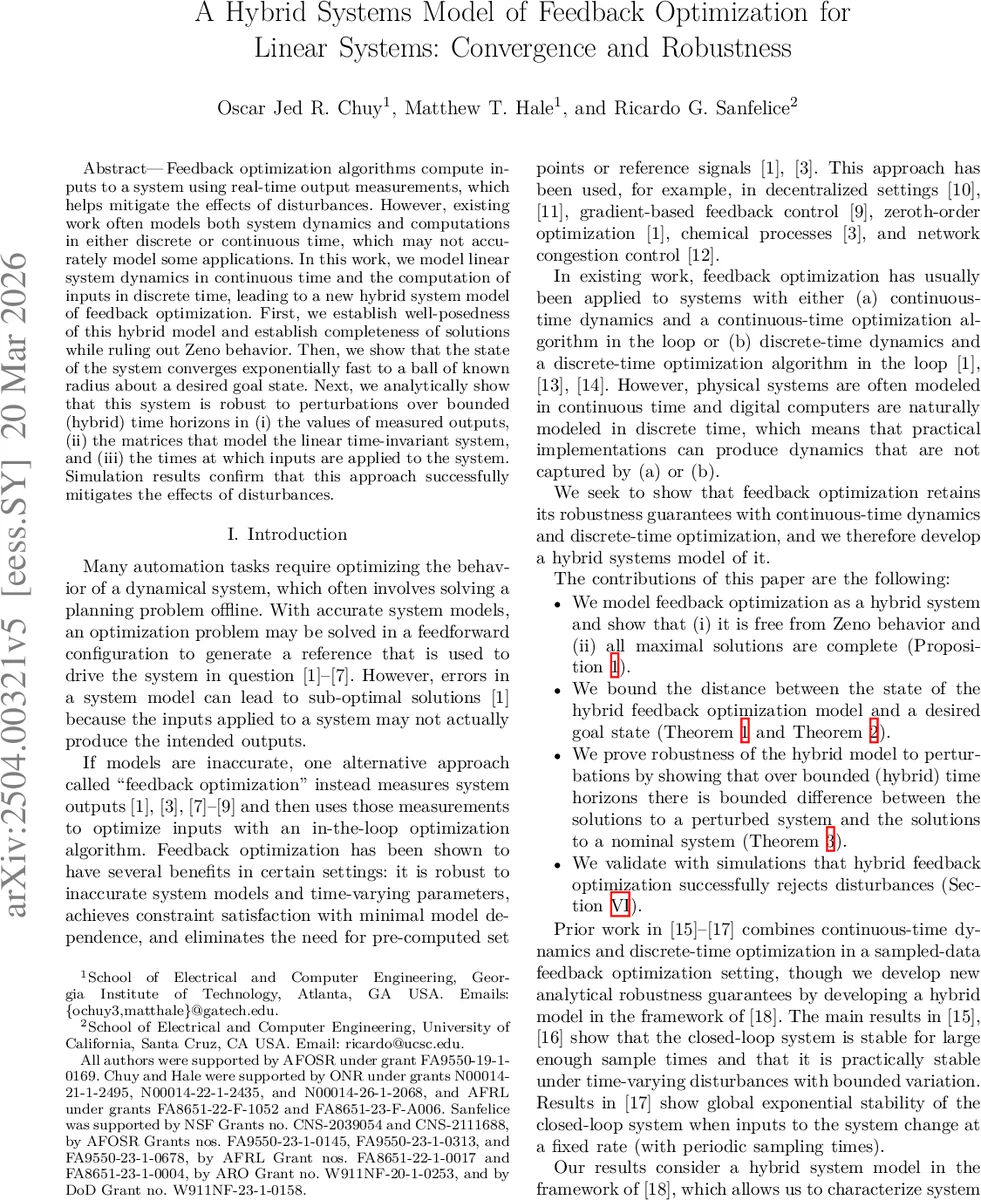 A Hybrid Systems Model of Feedback Optimization for Linear Systems: Convergence and Robustness