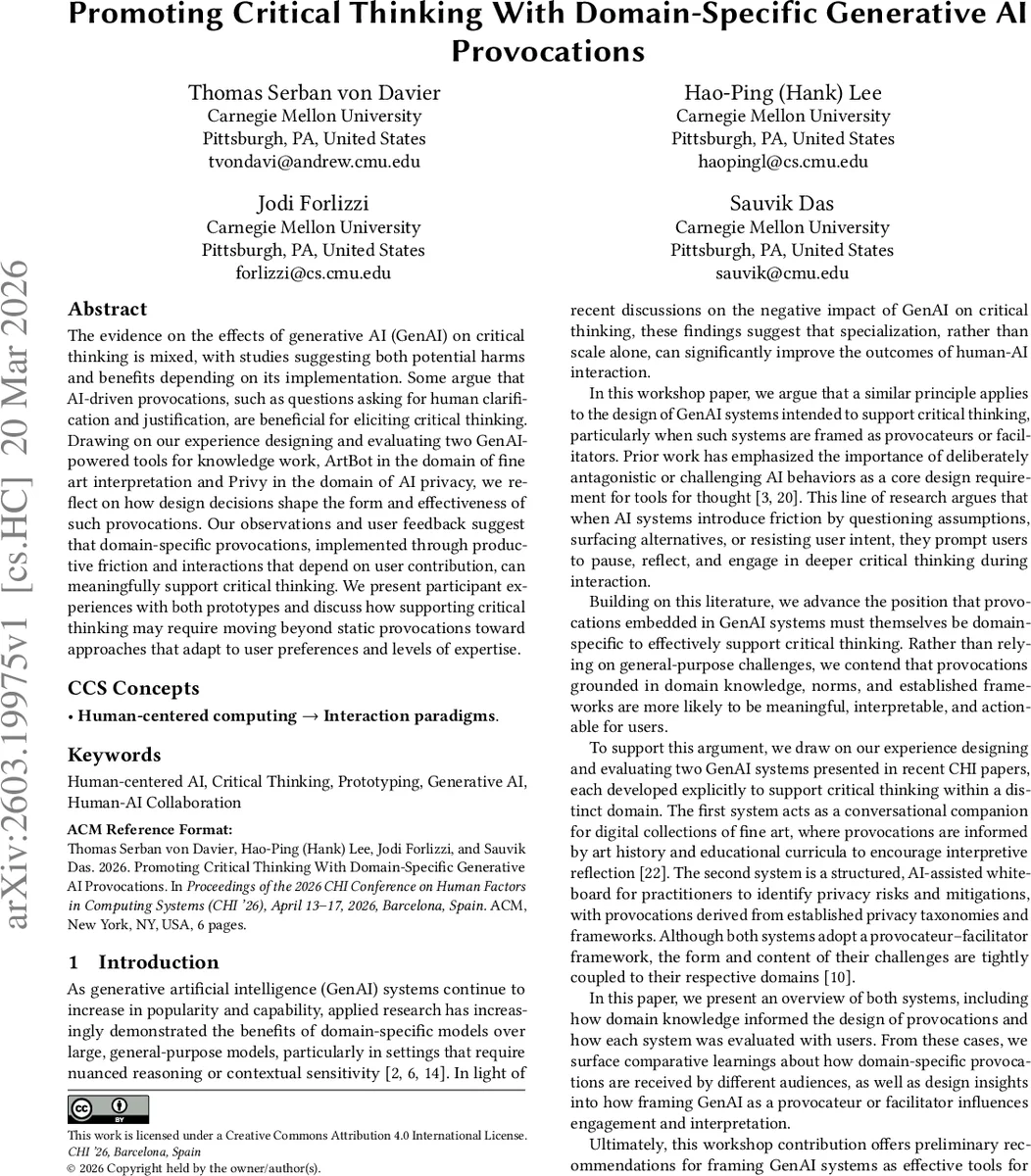 Promoting Critical Thinking With Domain-Specific Generative AI Provocations