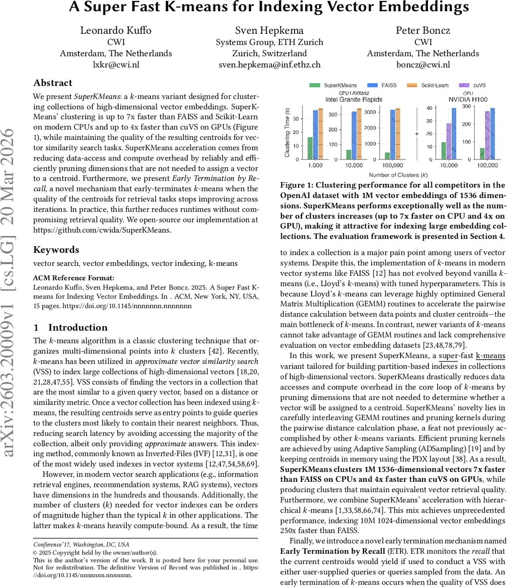 A Super Fast K-means for Indexing Vector Embeddings
