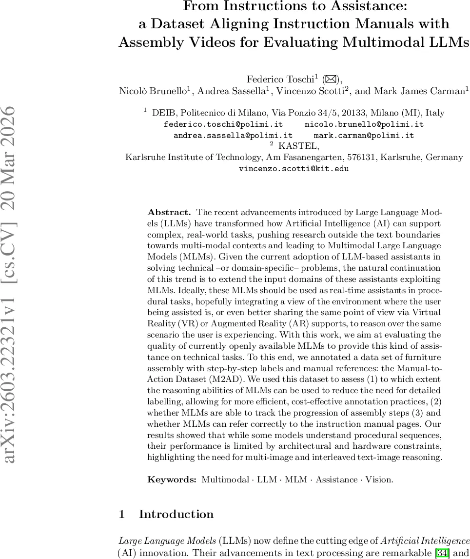 From Instructions to Assistance: a Dataset Aligning Instruction Manuals with Assembly Videos for Evaluating Multimodal LLMs