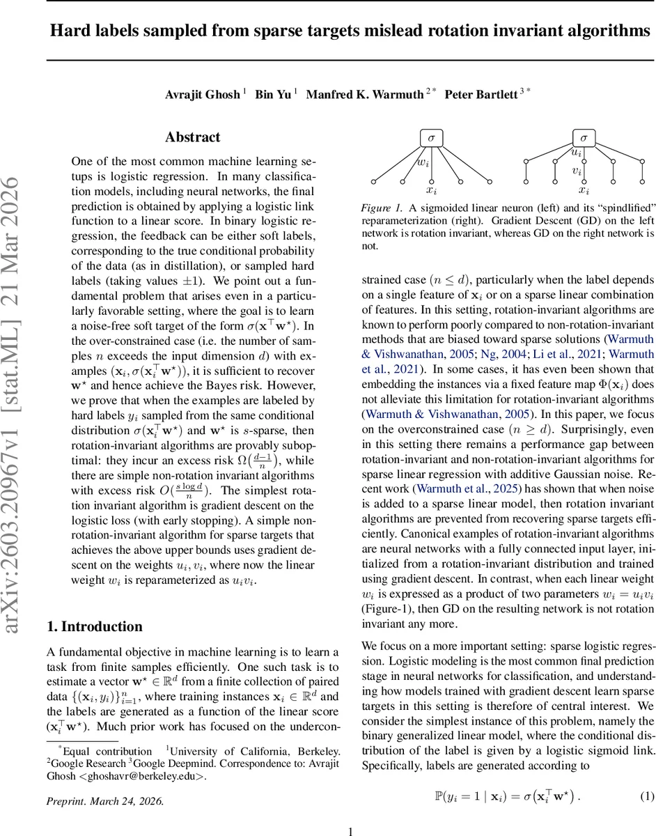 Hard labels sampled from sparse targets mislead rotation invariant algorithms