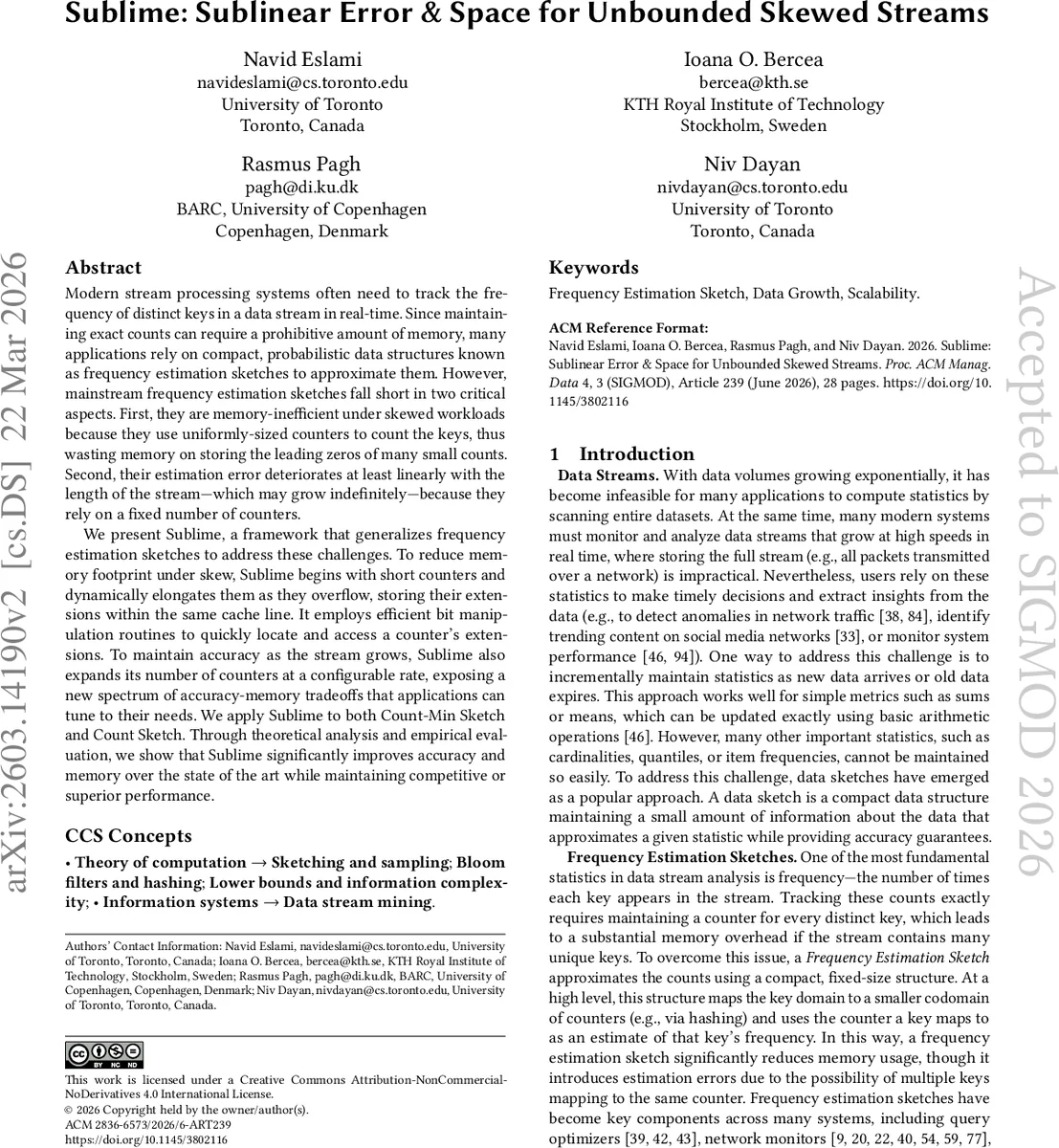 Sublime: Sublinear Error & Space for Unbounded Skewed Streams