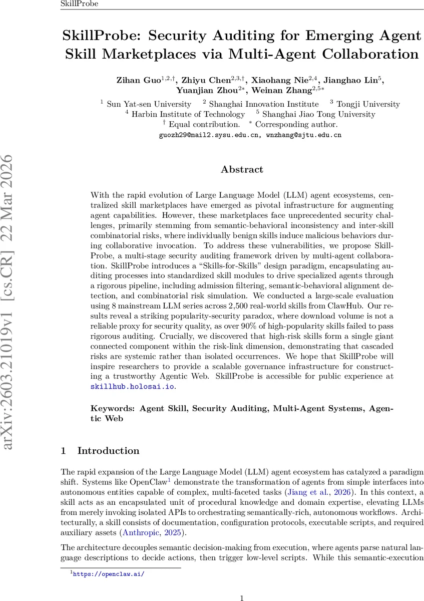 SkillProbe: Security Auditing for Emerging Agent Skill Marketplaces via Multi-Agent Collaboration