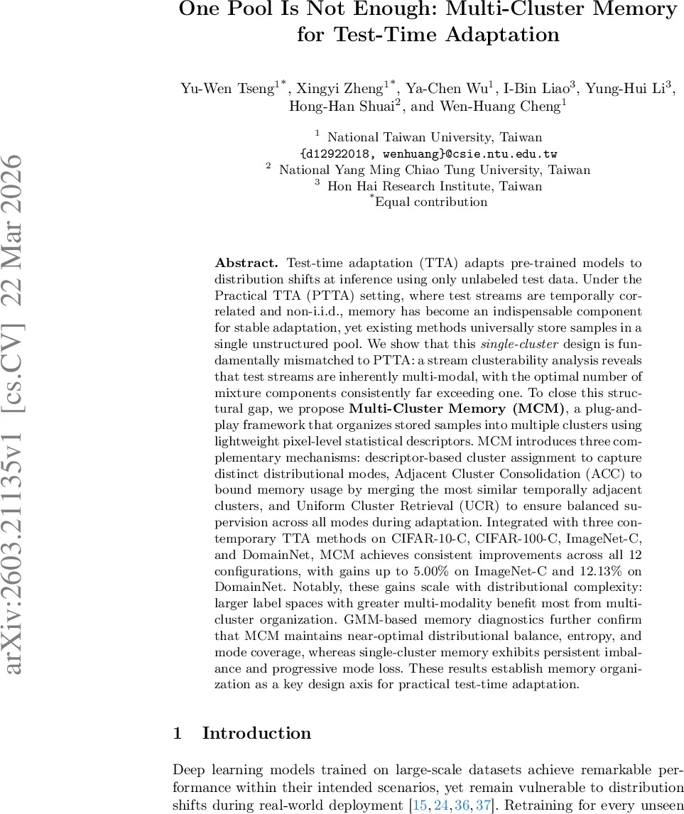 One Pool Is Not Enough: Multi-Cluster Memory for Practical Test-Time Adaptation