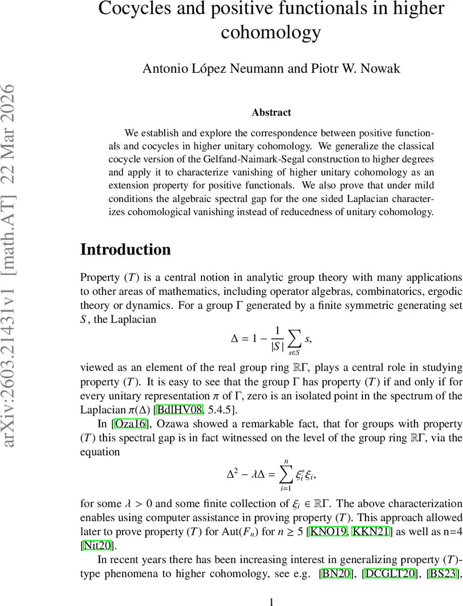 Cocycles and positive functionals in higher cohomology