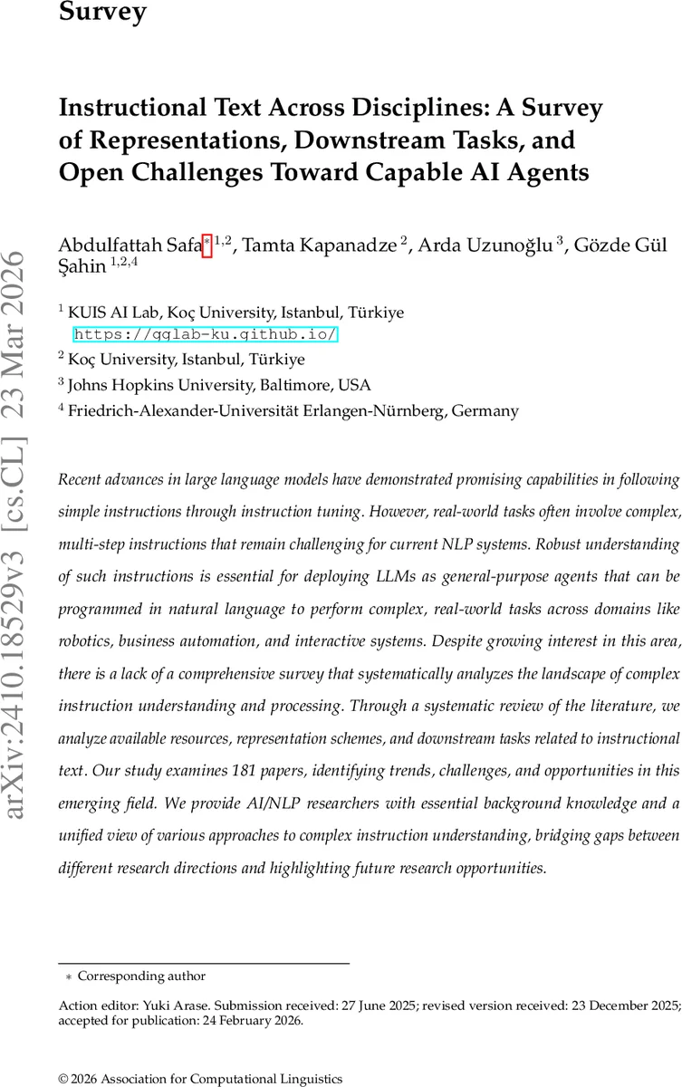 Instructional Text Across Disciplines: A Survey of Representations, Downstream Tasks, and Open Challenges Toward Capable AI Agents