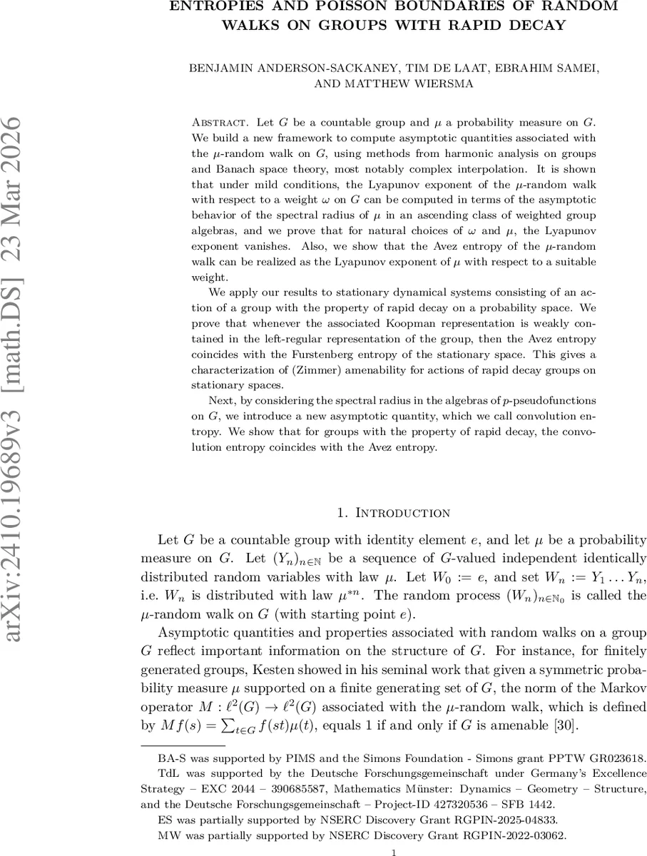 Entropies and Poisson boundaries of random walks on groups with rapid decay