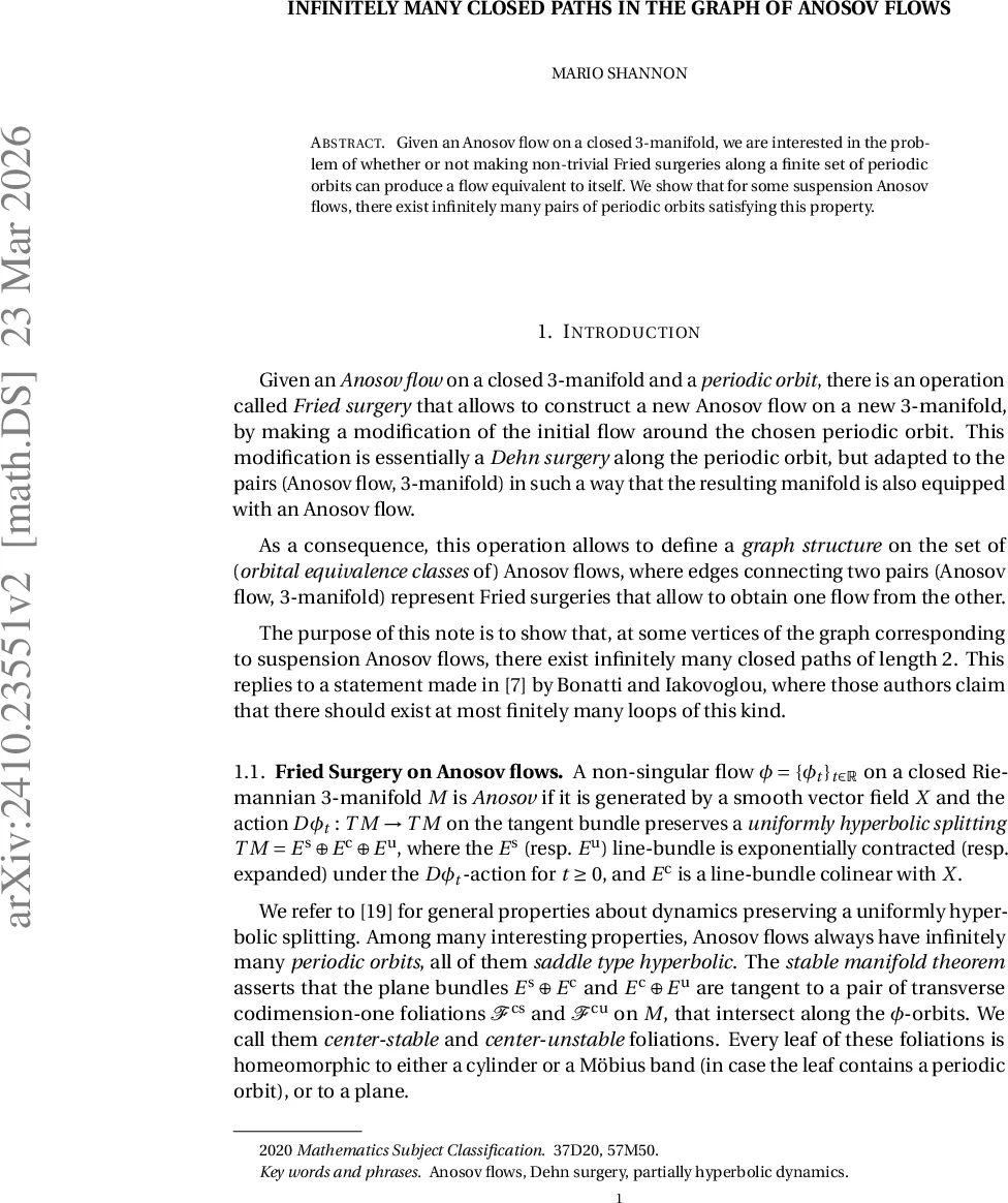 Infinitely many closed paths in the graph of Anosov flows