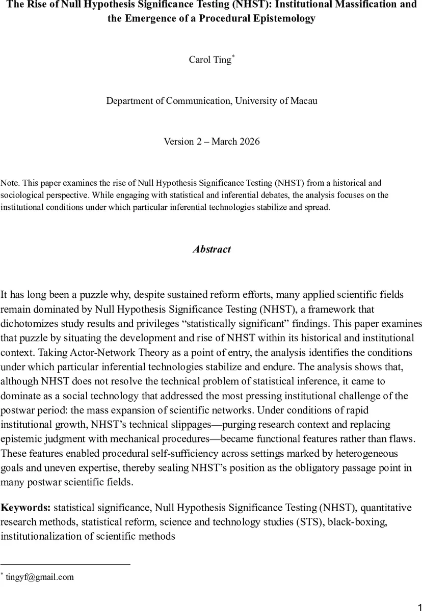 The Rise of Null Hypothesis Significance Testing (NHST): Institutional Massification and the Emergence of a Procedural Epistemology