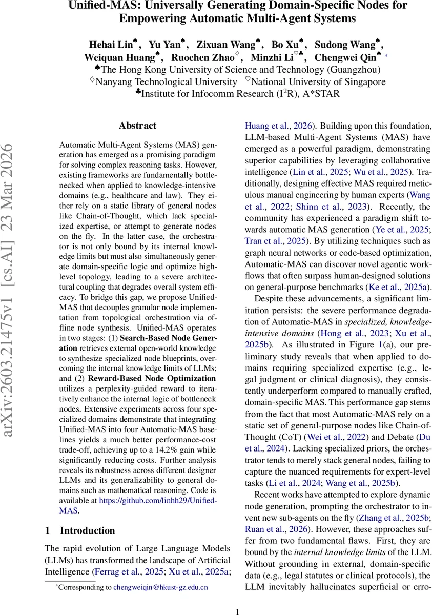 Unified-MAS: Universally Generating Domain-Specific Nodes for Empowering Automatic Multi-Agent Systems