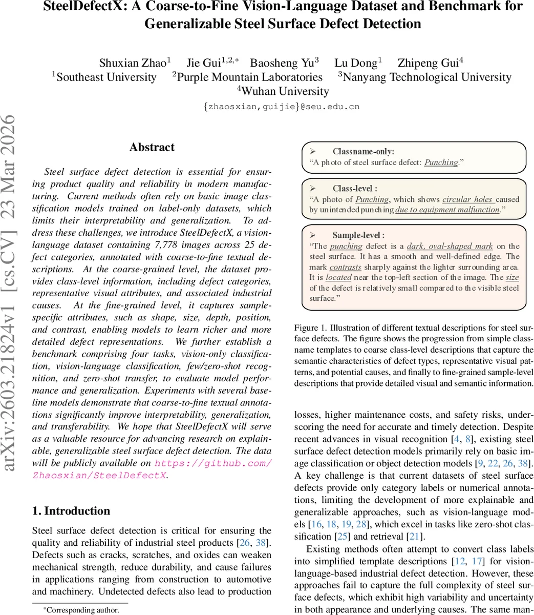 SteelDefectX: A Coarse-to-Fine Vision-Language Dataset and Benchmark for Generalizable Steel Surface Defect Detection