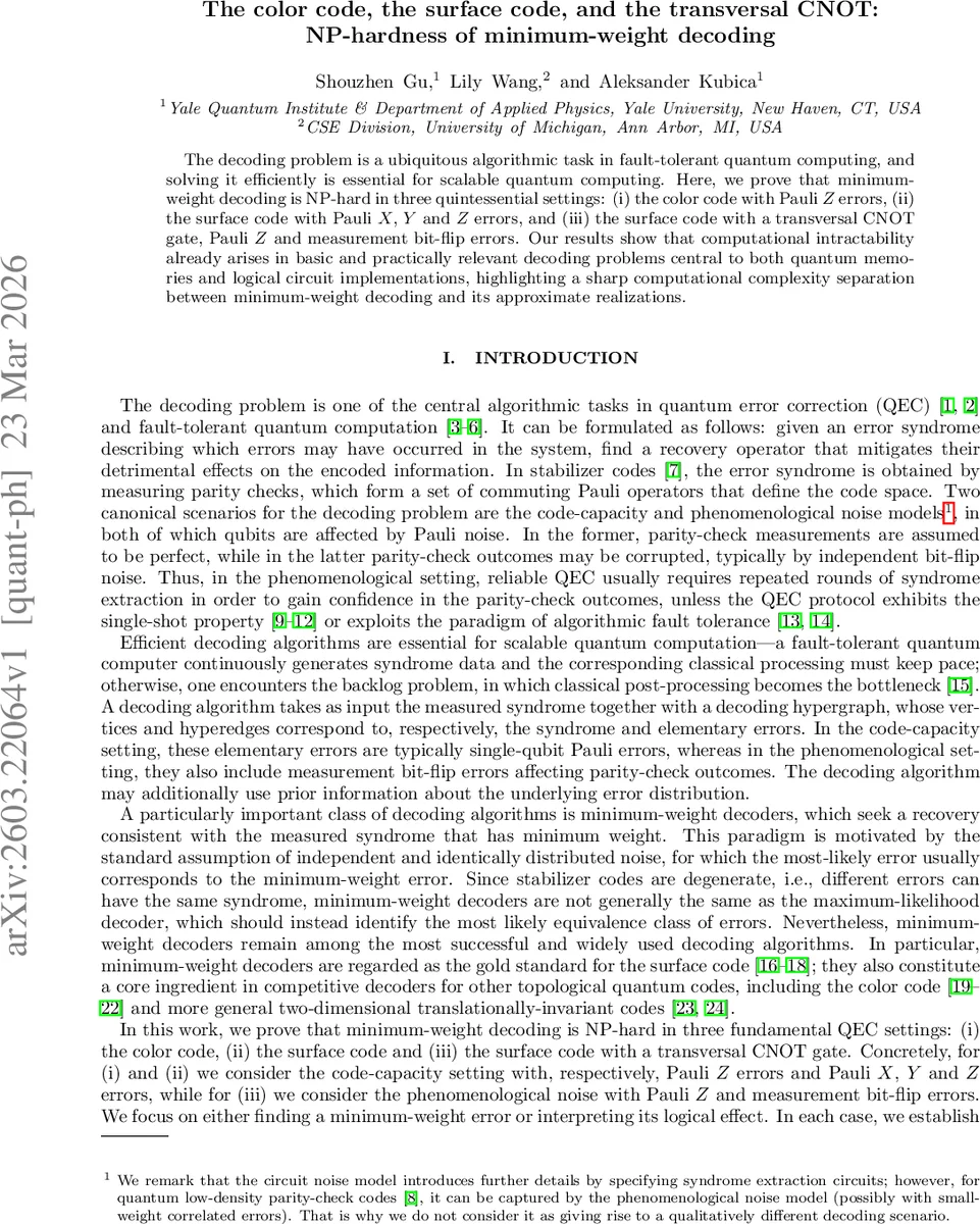 The color code, the surface code, and the transversal CNOT: NP-hardness of minimum-weight decoding