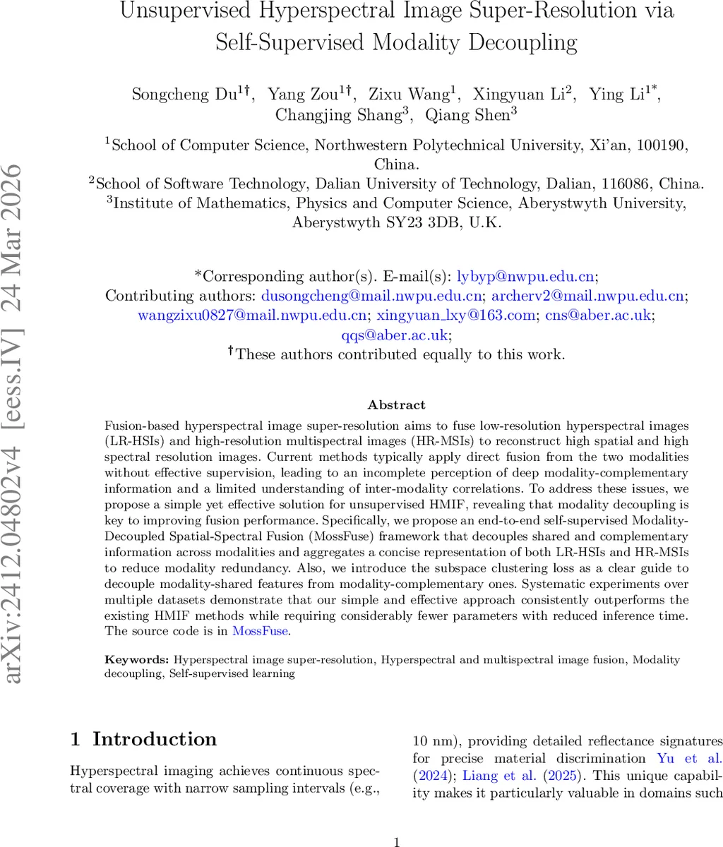 Unsupervised Hyperspectral Image Super-Resolution via Self-Supervised Modality Decoupling