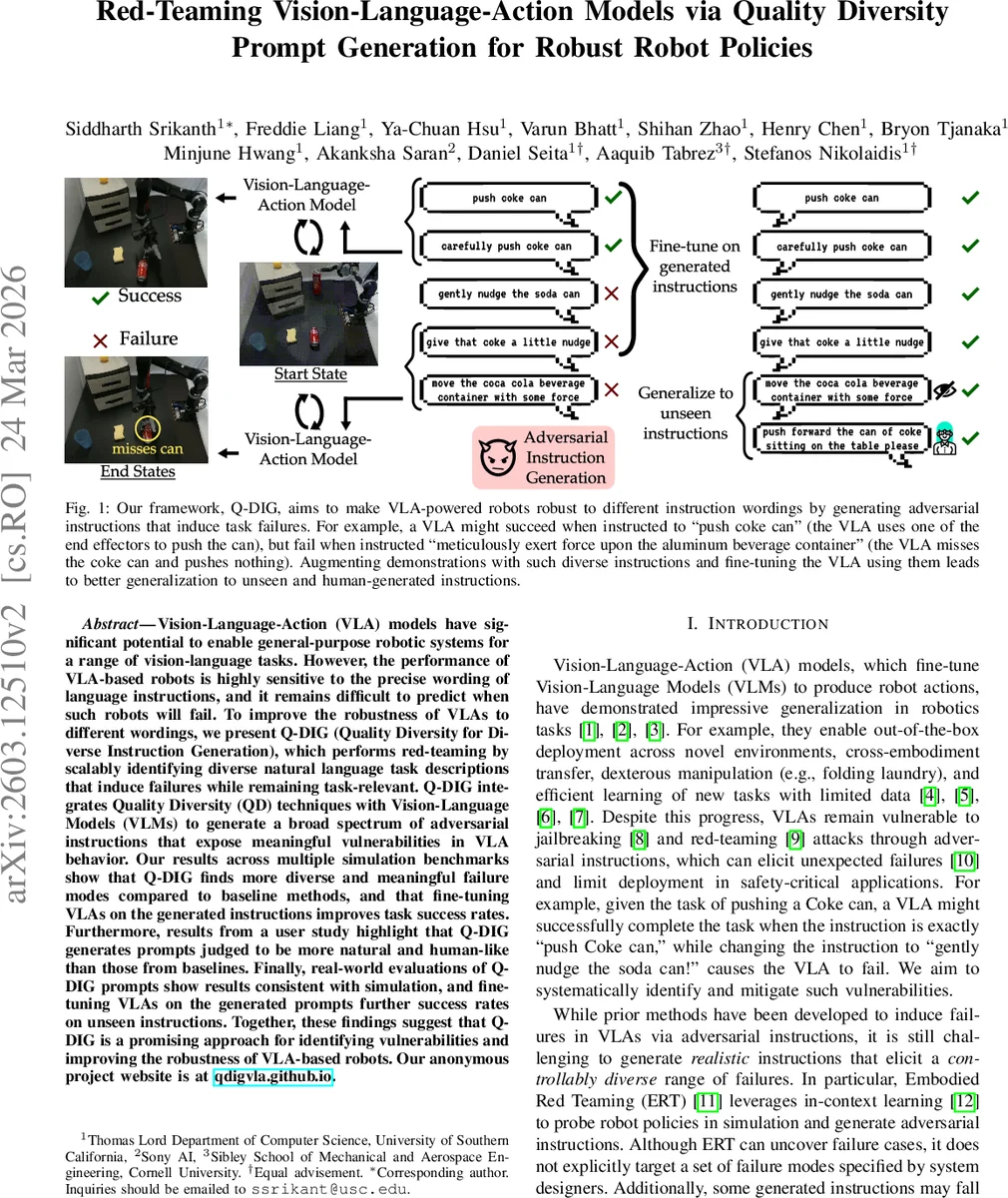 Red-Teaming Vision-Language-Action Models via Quality Diversity Prompt Generation for Robust Robot Policies