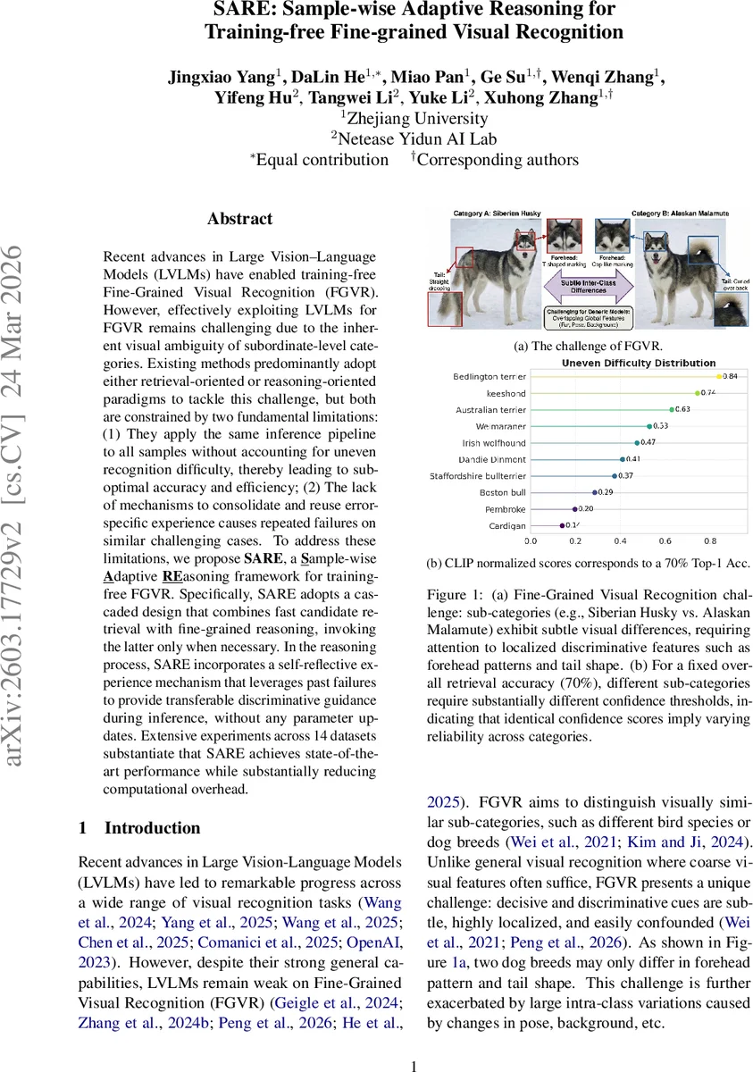 SARE: Sample-wise Adaptive Reasoning for Training-free Fine-grained Visual Recognition