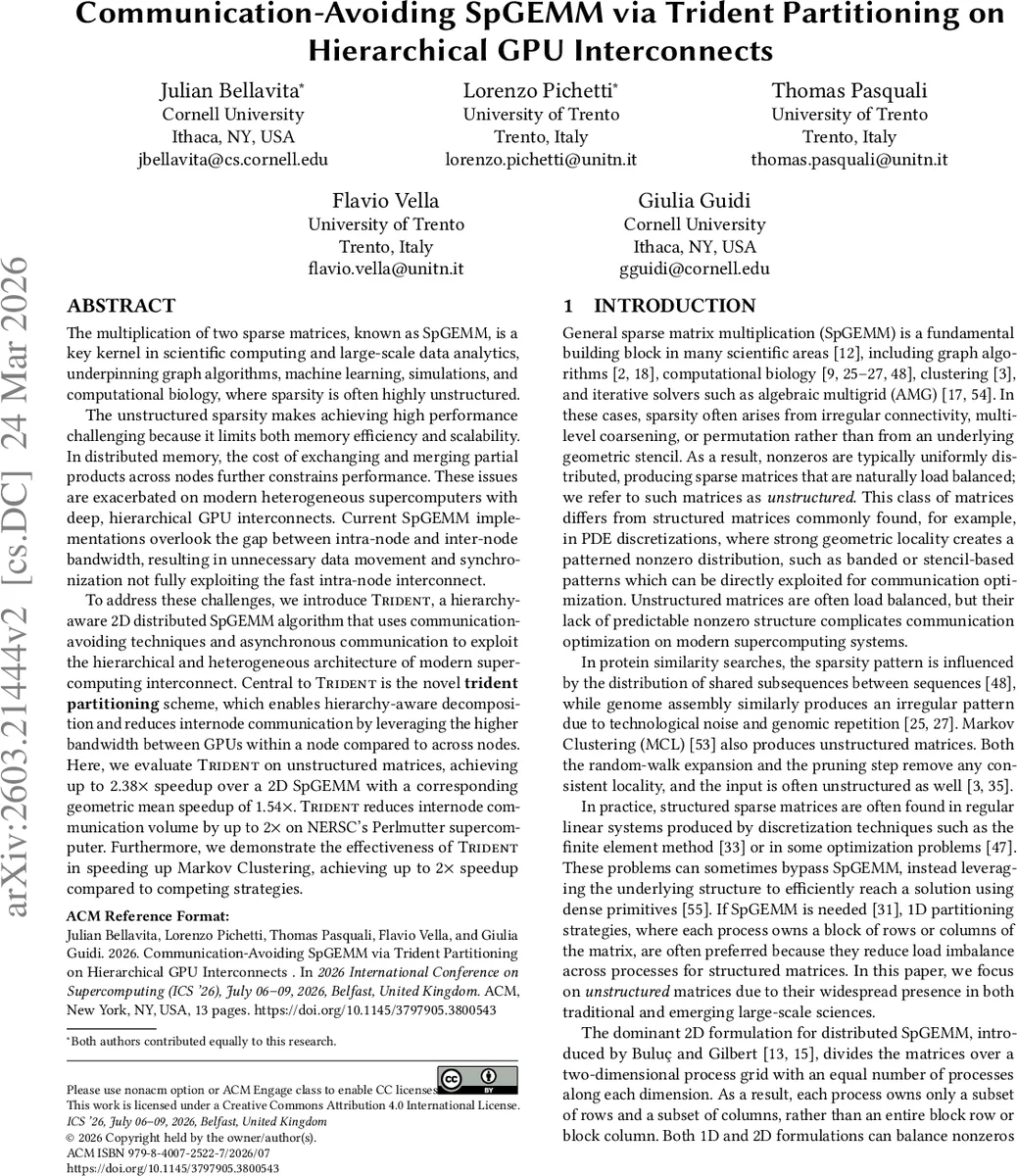 Communication-Avoiding SpGEMM via Trident Partitioning on Hierarchical GPU Interconnects