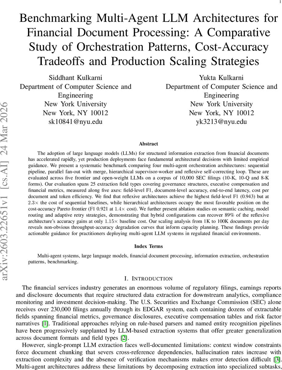 Benchmarking Multi-Agent LLM Architectures for Financial Document Processing: A Comparative Study of Orchestration Patterns, Cost-Accuracy Tradeoffs and Production Scaling Strategies