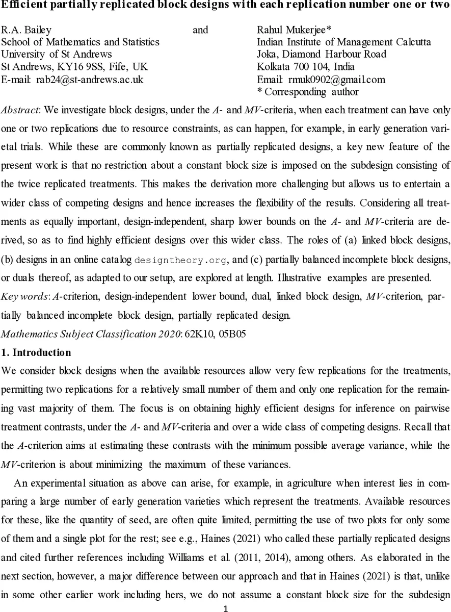 Efficient partially replicated block designs with each replication number one or two