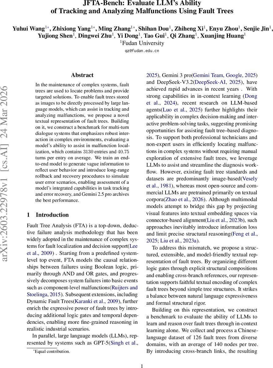 JFTA-Bench: Evaluate LLM's Ability of Tracking and Analyzing Malfunctions Using Fault Trees