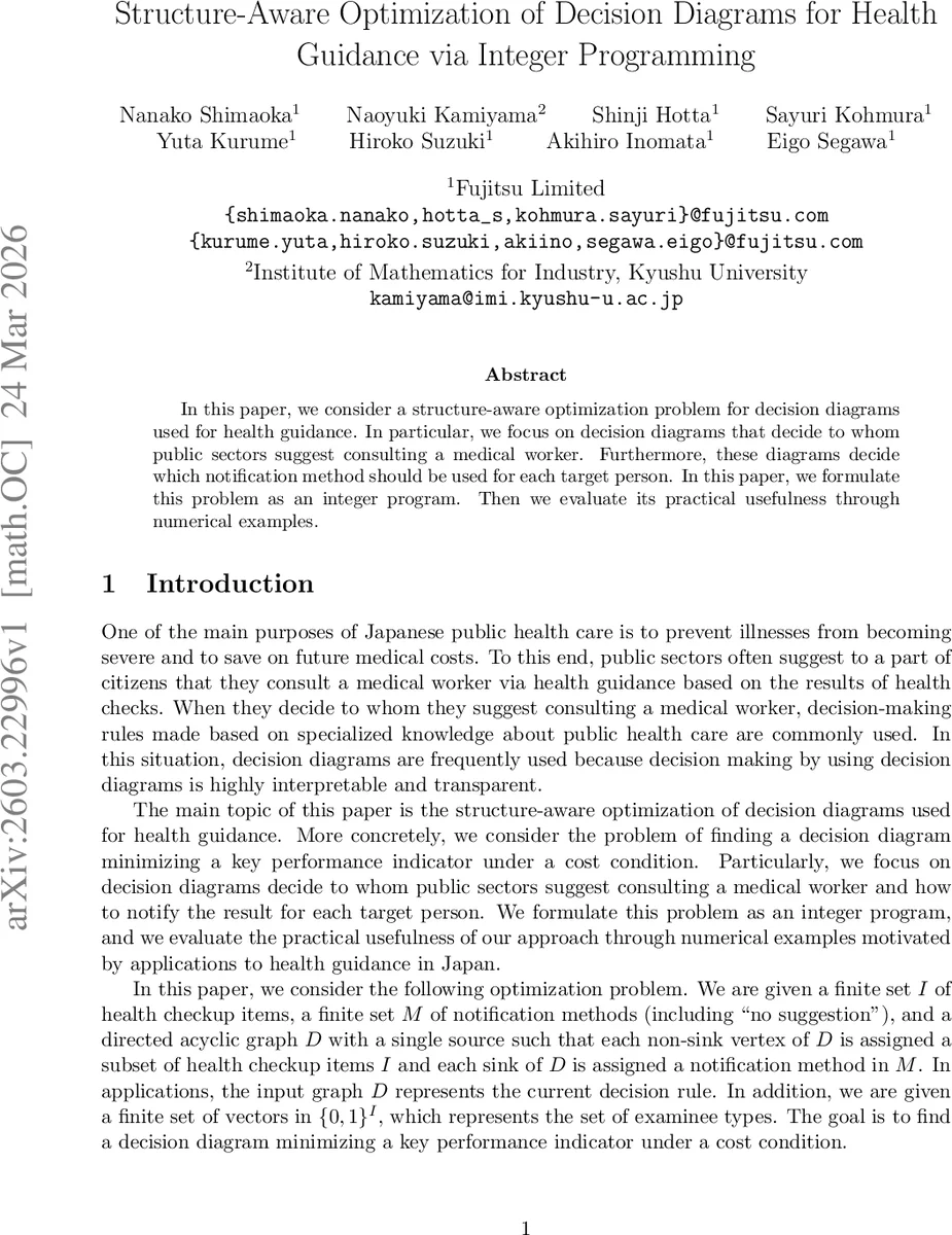 Structure-Aware Optimization of Decision Diagrams for Health Guidance via Integer Programming