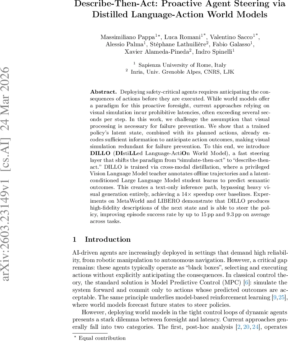 Describe-Then-Act: Proactive Agent Steering via Distilled Language-Action World Models