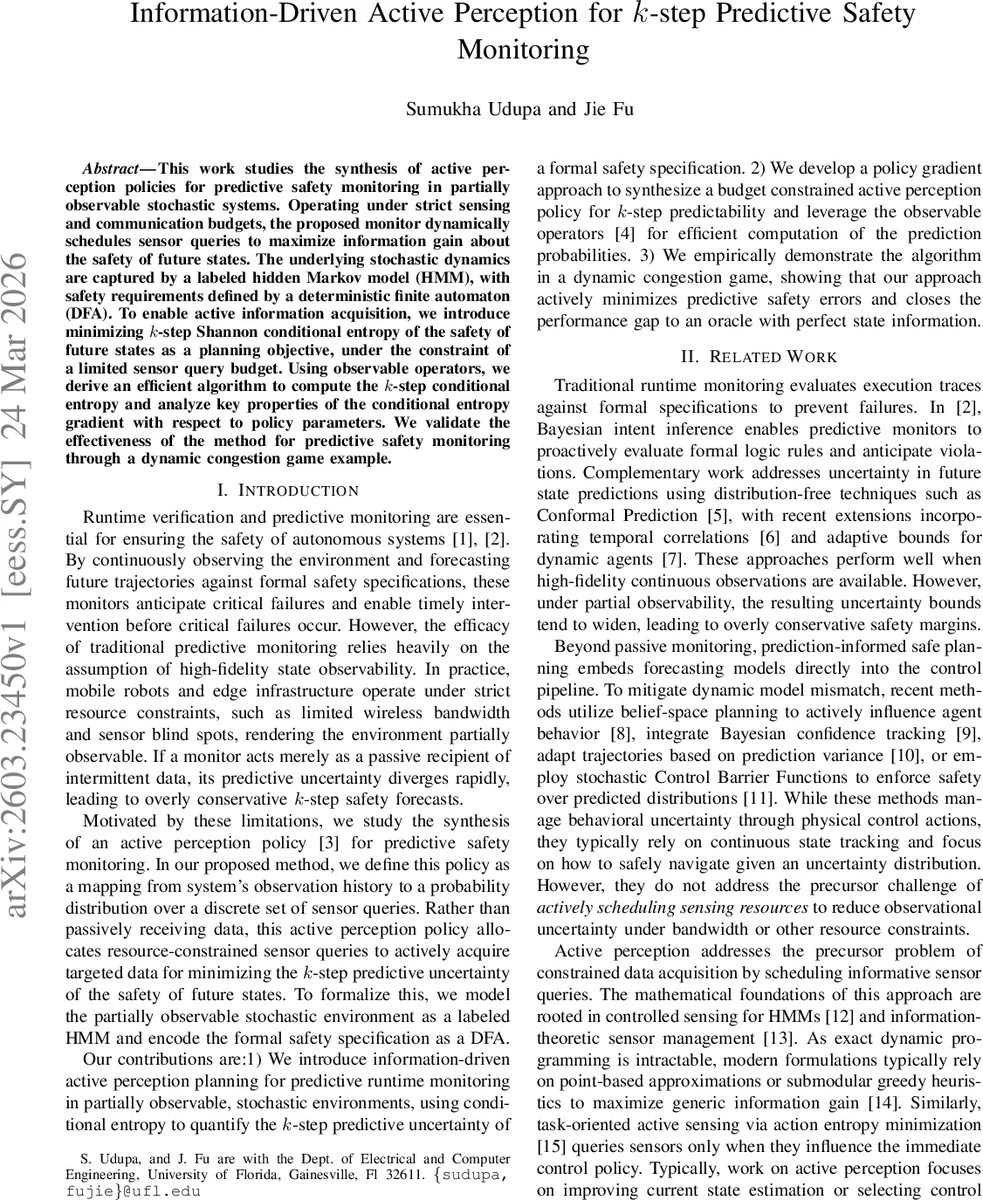 Information-Driven Active Perception for k-step Predictive Safety Monitoring