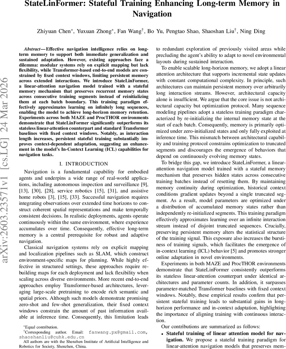 StateLinFormer: Stateful Training Enhancing Long-term Memory in Navigation