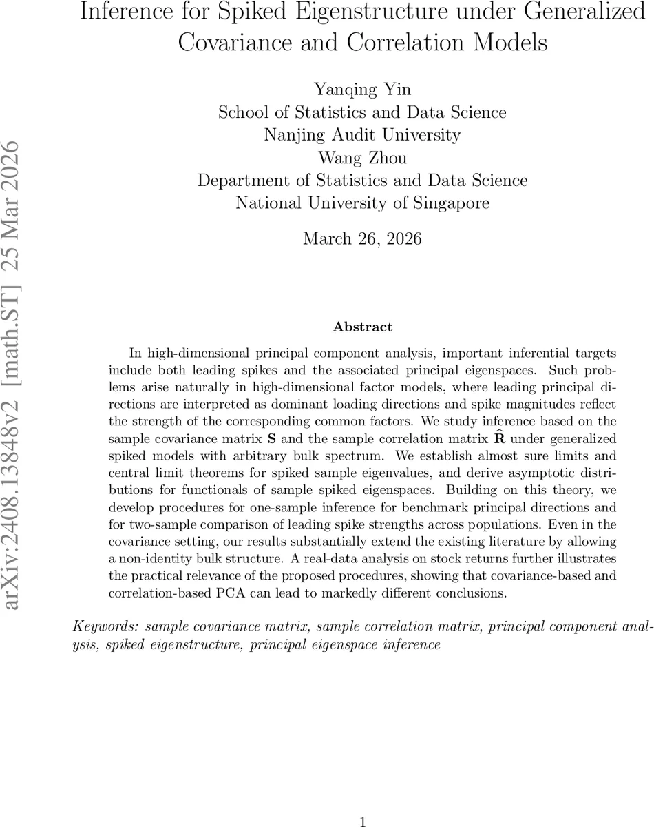Inference for Spiked Eigenstructure under Generalized Covariance and Correlation Models