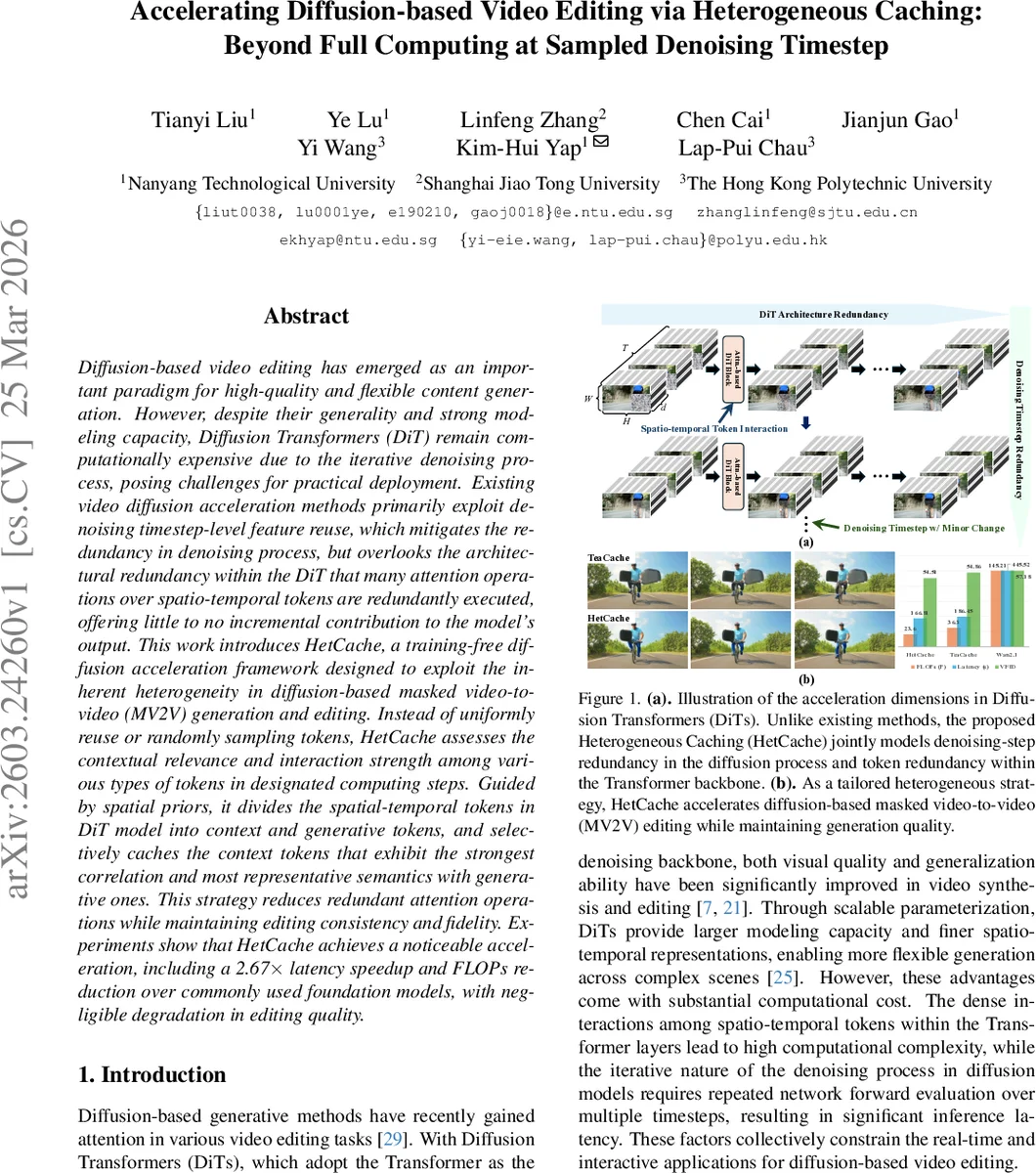 Accelerating Diffusion-based Video Editing via Heterogeneous Caching: Beyond Full Computing at Sampled Denoising Timestep