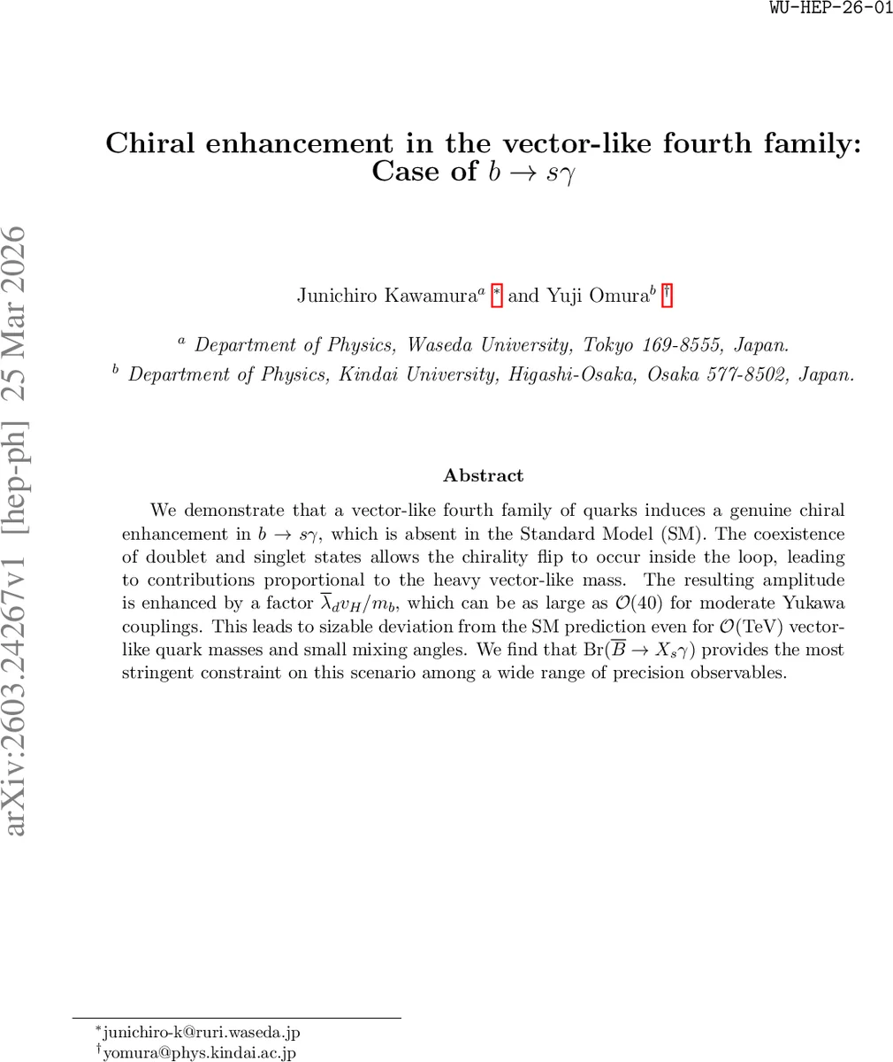 Chiral enhancement in the vector-like fourth family: Case of $b 	o s γ$