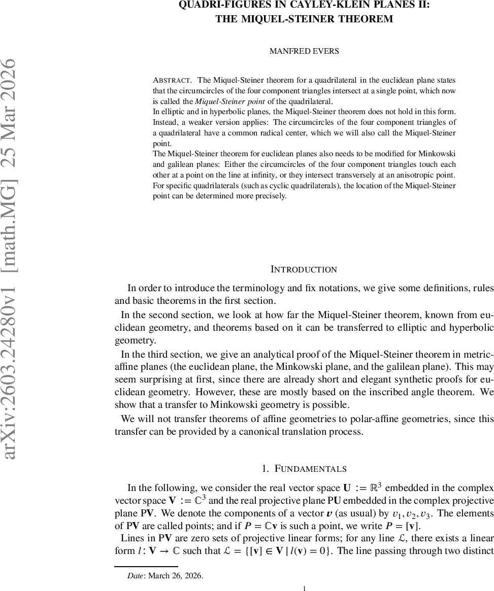 Quadri-Figures in Cayley-Klein Planes II: The Miquel-Steiner Theorem